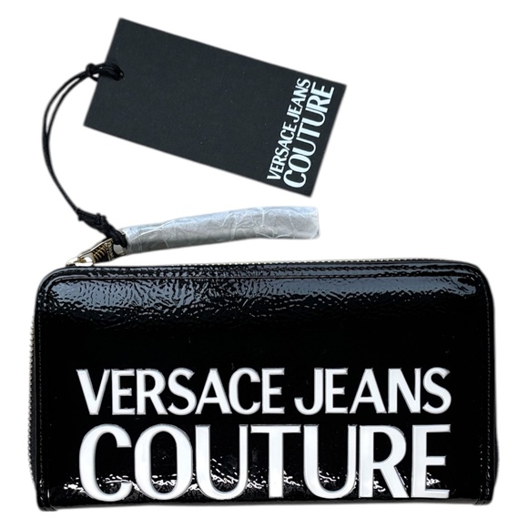 NWT Versace Jeans Couture Continental Wallet black patent leather logo print - Picture 1 of 11